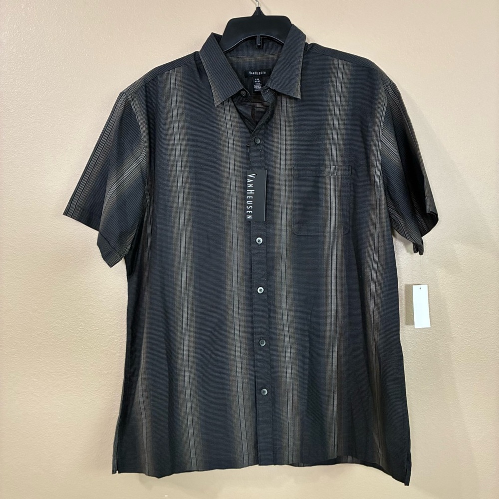 Van Heusen New Size L Black Tan Striped Button Down Shirt Neck 16-16.5